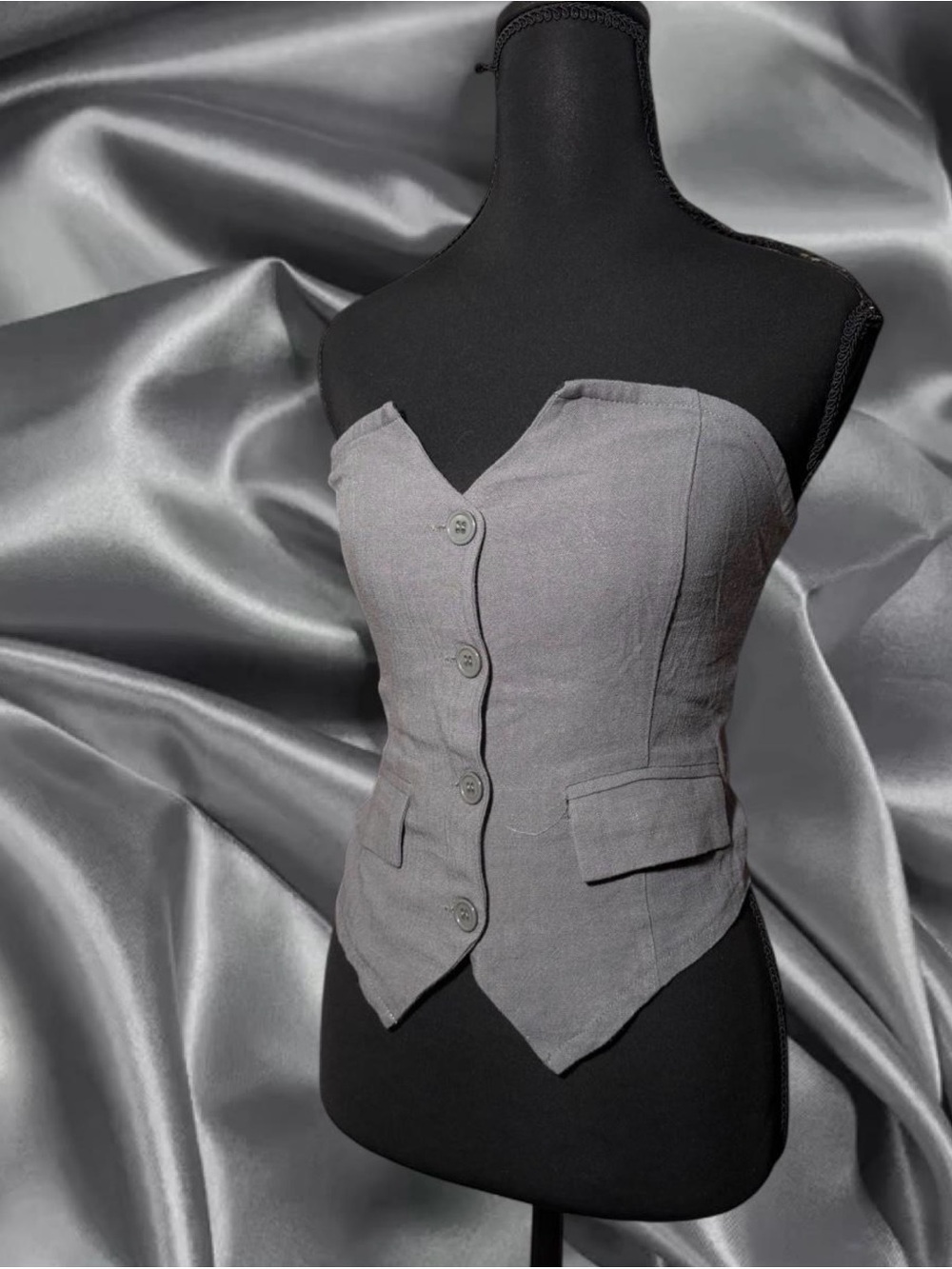 Strapless Tailored Viscose and Linen Button-Front Bustier in Gray